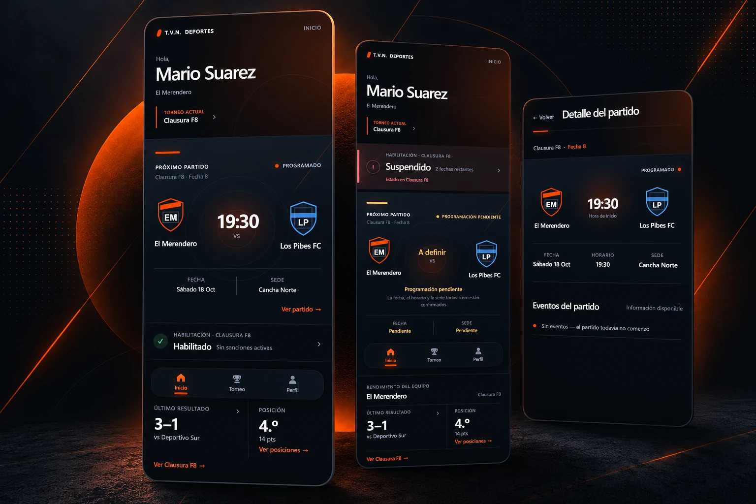 Copateur Mobile interface showing Home, suspended Player, and Match Detail screens