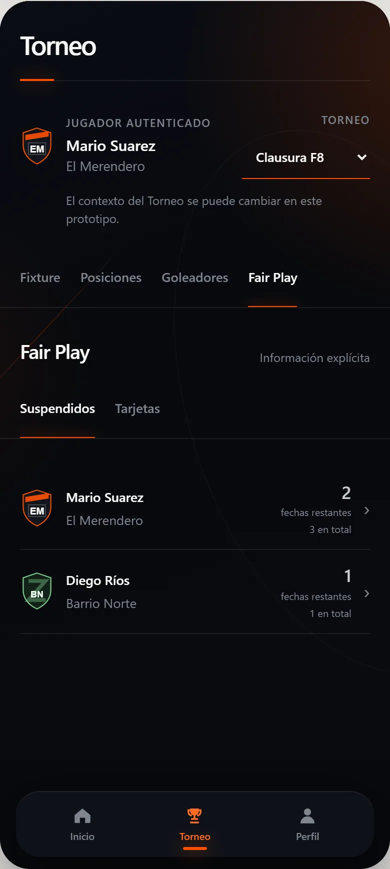 Fair Play view showing suspended Players