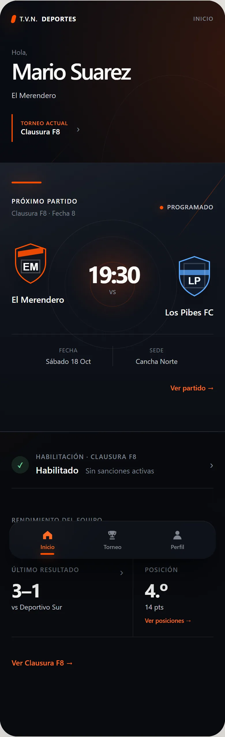 Copateur personalized Inicio screen with next match, eligibility, and team performance