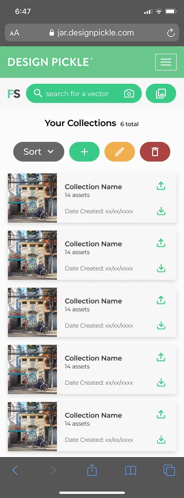 FreshStock mobile Collections page with sorting and collection management controls