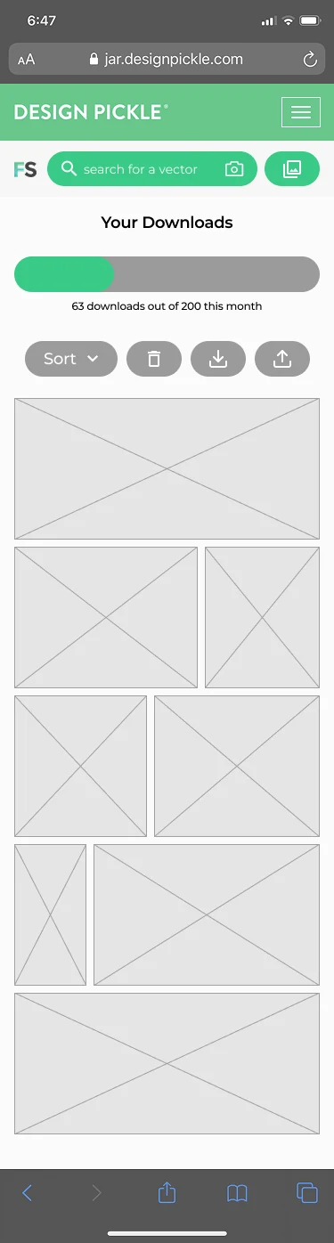 FreshStock mobile Download History with usage status, sorting, and asset grid