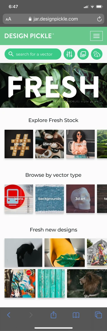FreshStock mobile Library with search, themes, asset types, and new designs