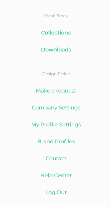 Expanded FreshStock logged-in mobile menu with Collections, Downloads, and account links